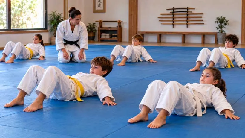 Grupo de niños con kimono practicando caídas sobre un tatami en una clase extraescolar de artes marciales