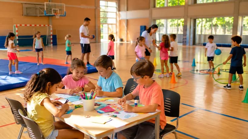 Niños haciendo actividades en un campamento urbano en verano dentro de una sala de un polideportivo