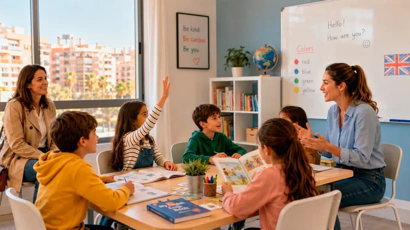 Niños de primaria participando en una clase de inglés extraescolar con su profesora en una academia de Murcia