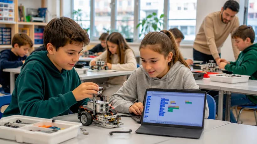 Niños montando y programando un robot educativo por parejas en una extraescolar de tecnología en Murcia
