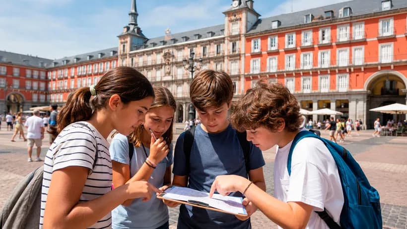 Grupo de preadolescentes resolviendo un reto en una actividad urbana en Madrid