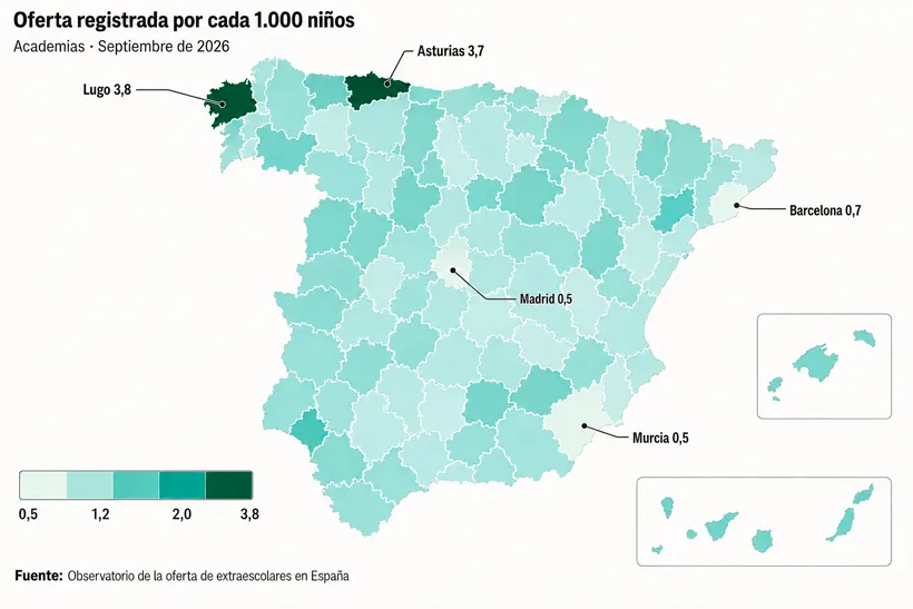Mapa de España coloreado por provincias según la oferta de extraescolares registrada por cada mil niños