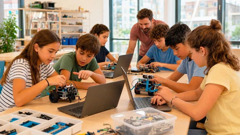 Niños trabajando con kits de robótica y ordenadores portátiles en un campamento tecnológico urbano de verano