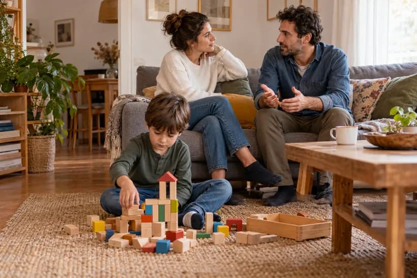 Madre y padre hablando en el salón de casa mientras su hijo juega en el suelo